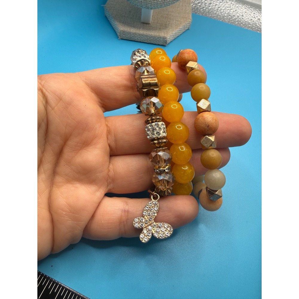 Boho Yellow Beaded Stretch Bracelet Set 3PC Butterfly Charm Amber Tone